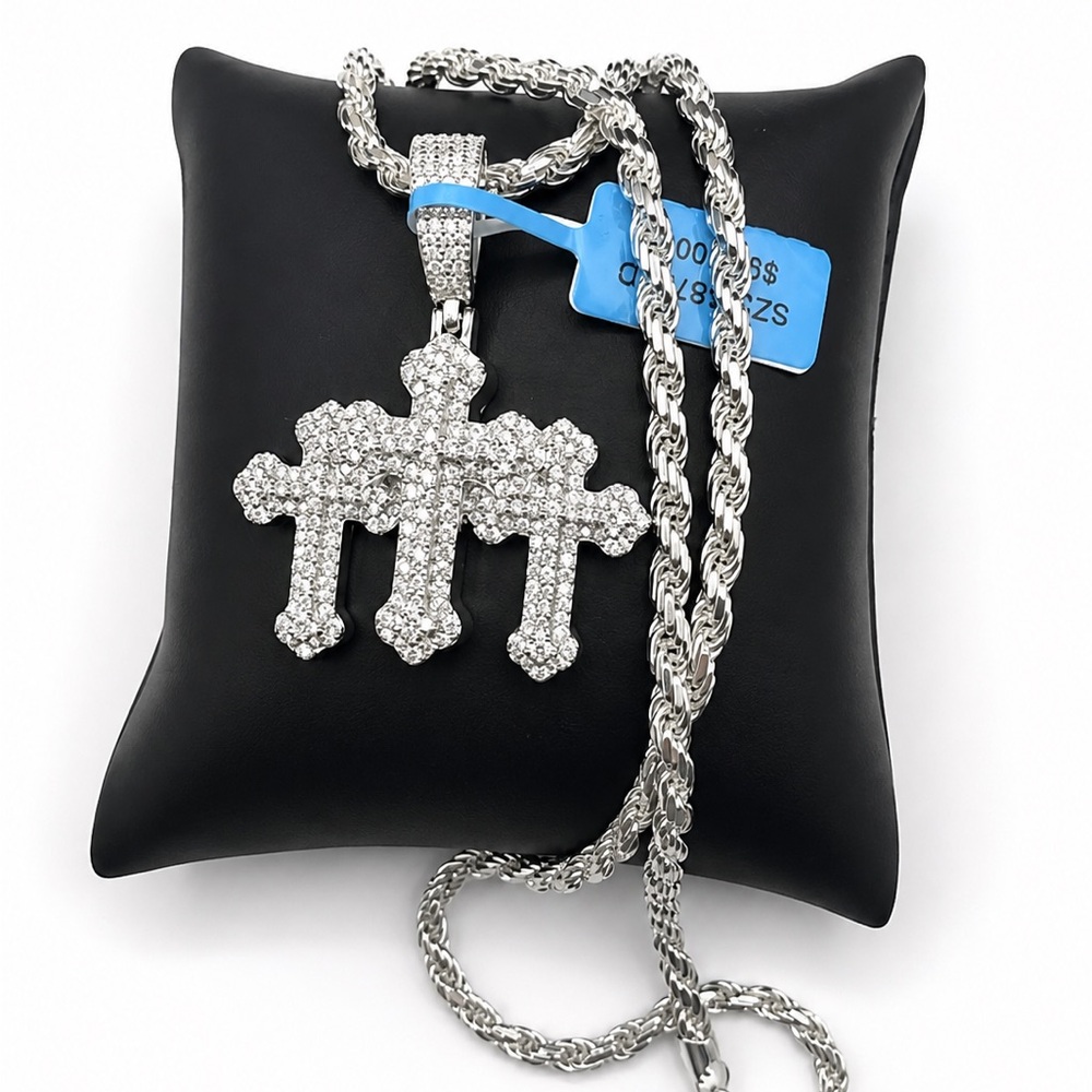 925! Sterling Silver 2.75CT MOISSANITE Triple Cross Pendant Necklace 22”
